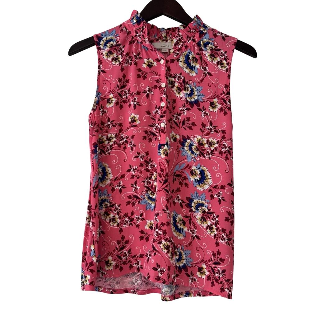 LOFT Sleeveless Blouse Womens XS Ruffle Neck Button Down Pink Cottagecore